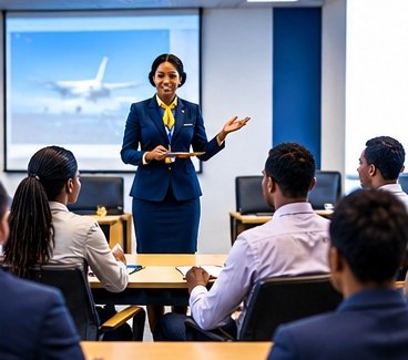 Airline staff members reviewing documentation together