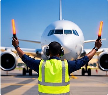 Ground crew member marshalling an aircraft into its parking stand