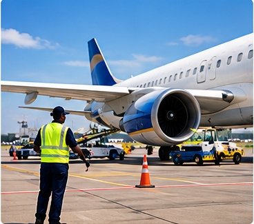 Ground crew member signalling near an aircraft on the ramp