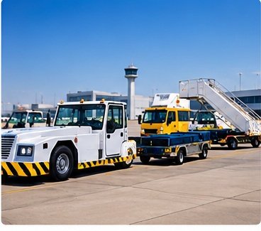 Ground support equipment including a tow tractor and passenger stairs on the apron