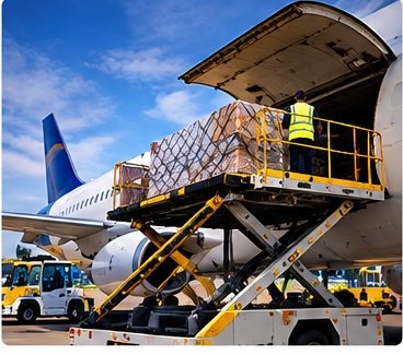 Ground handling agent loading cargo into an aircraft hold using a loader