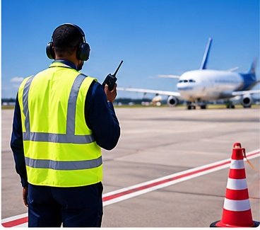 Ramp coordinator communicating by radio as an aircraft taxis in